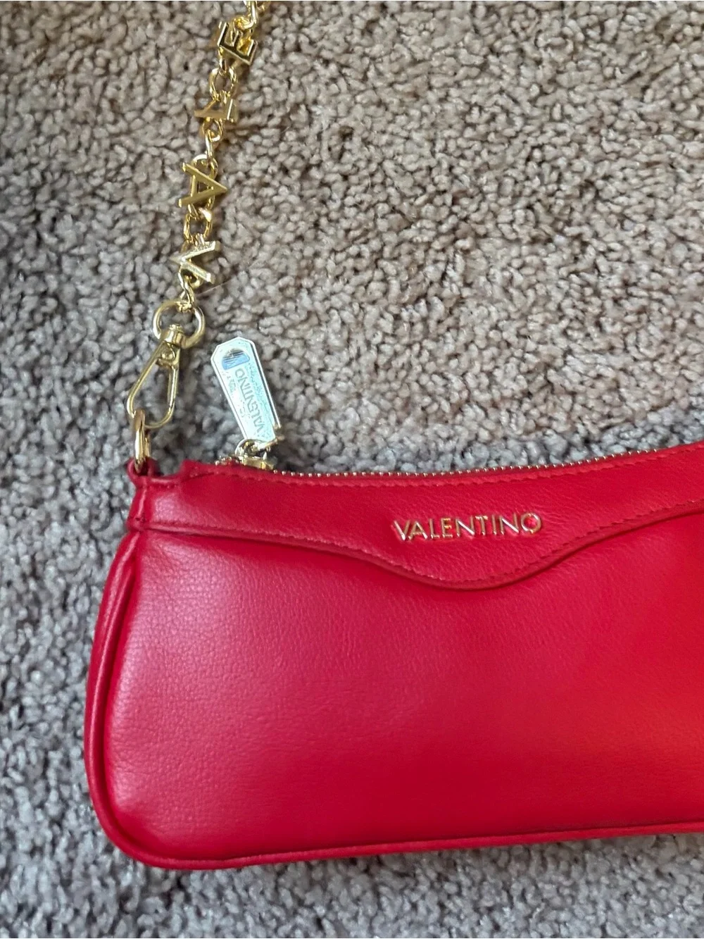 Valentino Red Leather Shoulder Bag with Gold Logo Purchased in Italy